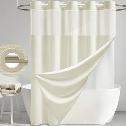 Dynamene Cream Hook Free Waffle Shower Curtain & Snap-in Fabric Liner,72x87