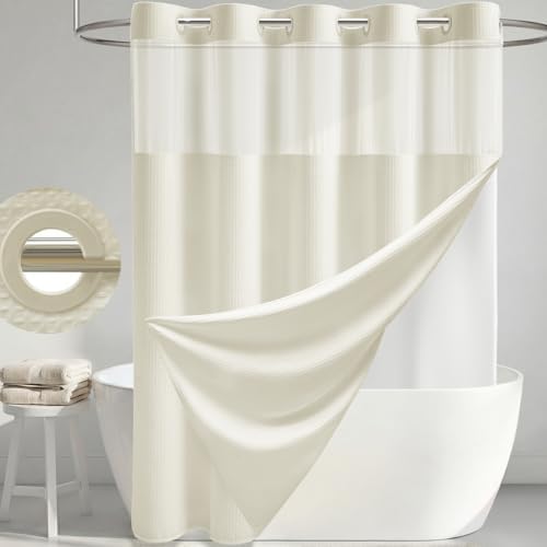 Dynamene Cream Hook Free Waffle Shower Curtain & Snap-in Fabric Liner,36x75