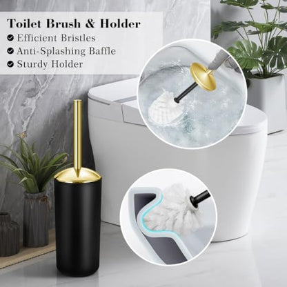 Black Bathroom Accessories Set, 22Pcs Bathroom Sets with Shower Curtain and Rugs, Bathroom Accessories Sets Complete with Trash Can, Non-Slip Bathroom Rugs, Super Absorbent, Black Gold