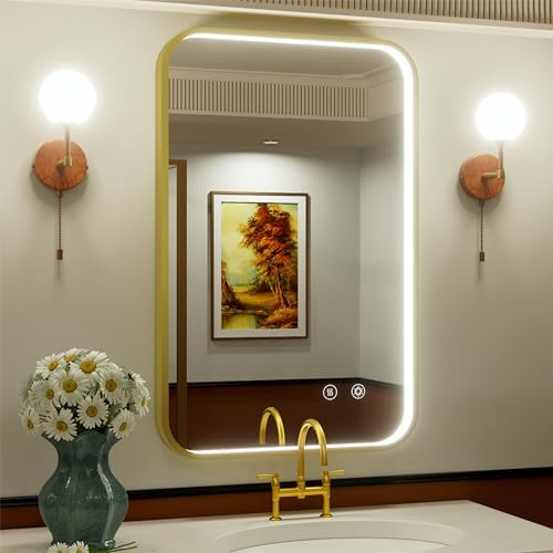24x36 Inch Gold LED Bathroom Mirror with Lights,3000K/4500K/6000K