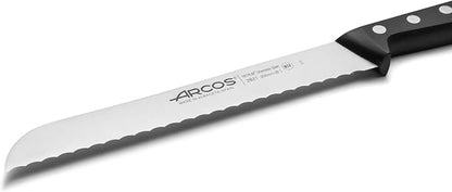 Arcos Bread Knife 8 Inch Nitrum Stainless Steel and 200 mm blade. Obtain a great variety of cuts for your food. Ideal knife for daily domestic use. Series Universal. Color Black