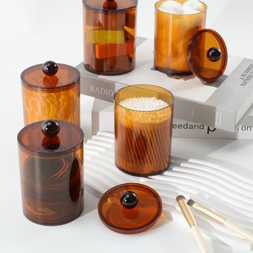 4 Pcs Acrylic Qtip Holder, Cotton Ball Holder Jars with Lids, Brown