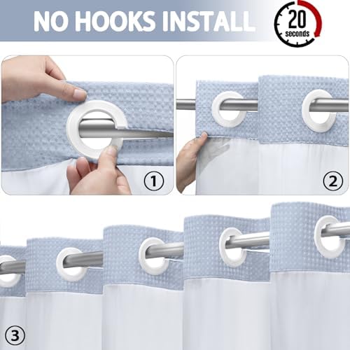 No Hook Shower Curtain with Liner Set Hotel Waffle Mist Blue 72W X 75L