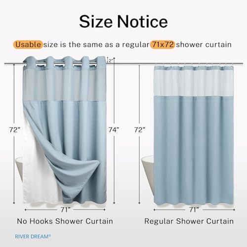 River Dream Heavyweight Waffle No Hook Shower Curtain with Liner,Blue,71x74