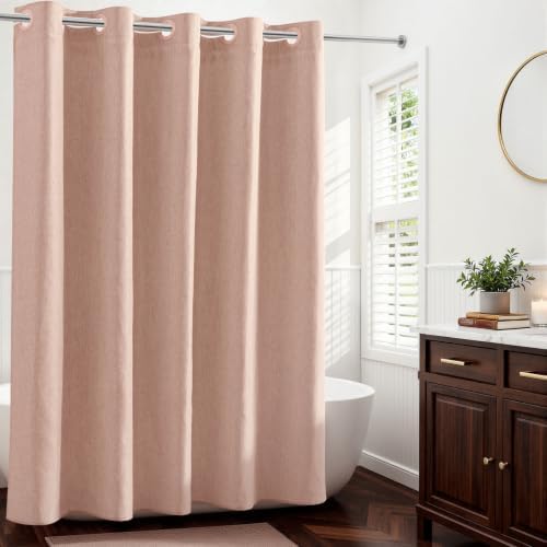 River Dream Linen Textured No Hooks Shower Curtain with Liner,Pink,71x74