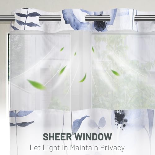 WITHLOC No Hook Floral Shower Curtain with Liner, Navy, 71x74