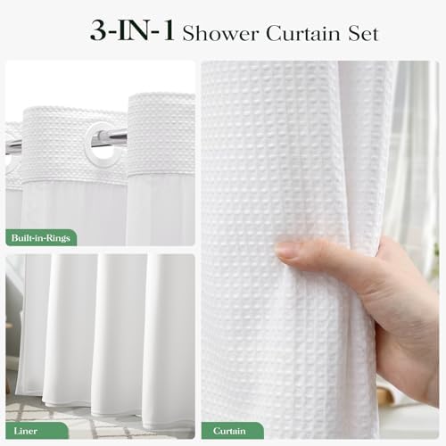Dynamene White Hook Free Waffle Shower Curtain & Snap-in Fabric Liner,72x75