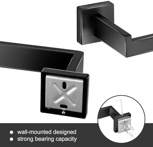 Bathroom Hardware Accessories Set 5 Pieces Matte Black Towel Bar Set, Wall Mounted Towel Rack Toilet Paper Holder Stainless Steel Bath Coat Hooks 24 Inch