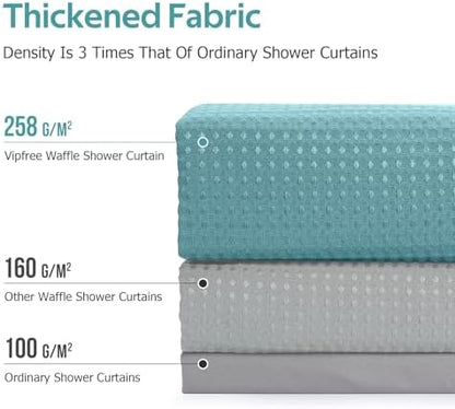 Vipfree 3 in 1 Shower Curtain Set, Waffle Shower Curtain and Liner Set with 12 Double Sided Shower Curtain Hooks, 258GSM Luxury Weighted Cloth Shower Curtains for Bathroom, 72 W x 72 H, Teal