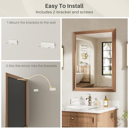 36x32 Inch Bathroom Mirror for Wall, Anti-Rust Walnut Wood Grain Metal Framed Bathroom Mirrors for Over Sink,Rectangler Mirrors for Bathroom Vanity, Farmhouse, Bedroom, Living Room, Entryway Decor
