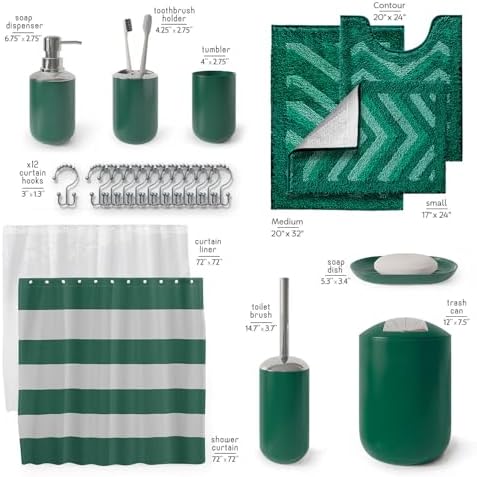 Clara Clark Bathroom Accessories Set - 23PC Shower Curtain Set with Bathroom Trash Can, Green Bathroom Set, Bathroom Sets with Shower Curtain and Green Rugs