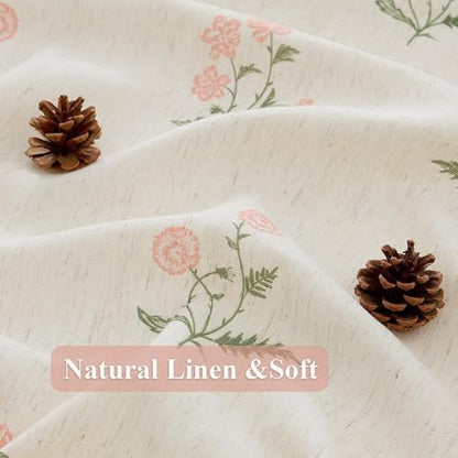 ORTIGIA Linen Shower Curtain Farmhouse Vintage Pink Green Floral Shower Curtains Boho Rustic Block Print Cottagecore Decor for Bathroom 72 W x 72 L