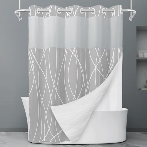 LXBNI Light Grey White No Hook Shower Curtain with Liner, 71 x 74 Inch