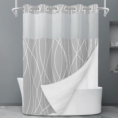 LXBNI Light Grey White No Hook Shower Curtain with Liner, 71 x 74 Inch