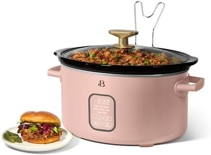 B 6 Qt Programmable Slow Cooker with Digital Timer, 5 Cooking Functions, Removable Ceramic Pot, Tempered Glass Lid, Dishwasher Safe (Rose)