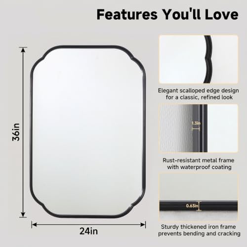 36"x24" Black Scalloped Mirror for Bathroom, Rust-Proof Metal Frame