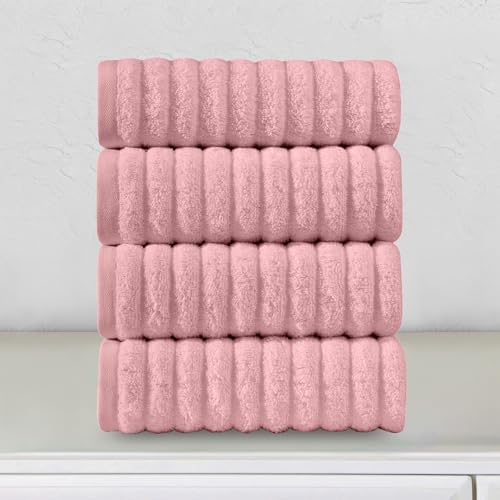 Elegant Comfort Luxury 100% Turkish Cotton Corduroy Ribbed 4 Pack Hand Towel Set 16 x 28 Inch - Absorbent, Super Soft, Quick Dry, Premium Towels for Bathroom, Gym, Spa and Hotel Use, Dusty Rose