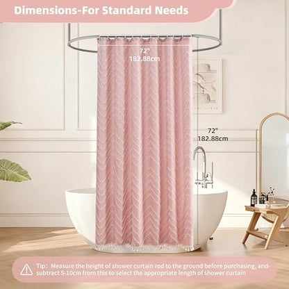 Siiluminisoy Pink Shower Curtain with Tassel Woven Fabric Boho Shower Curtain Cute Farmhouse Textured Tufted Chevron Striped 72 x 72 Bathroom Shower Curtain