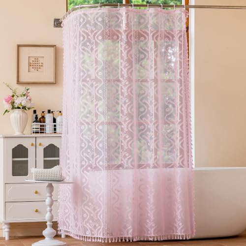 WAZZIO Pink Lace Shower Curtain - Vintage Pretty Pastel Girl Floral Shower Curtain Girly, Cute Coquette Tassel Princess Bath Curtains for Bathroom, 72 x 84 Inch, 1 Panel