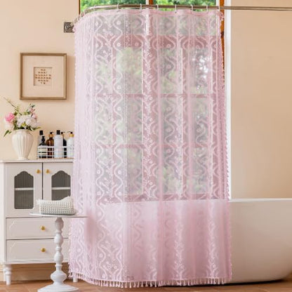 WAZZIO Pink Lace Shower Curtain - Vintage Pretty Pastel Girl Floral Shower Curtain Girly, Cute Coquette Tassel Princess Bath Curtains for Bathroom, 72 x 84 Inch, 1 Panel