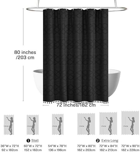 Extra Long Black Woven Fabric Boho Shower Curtain with Tassels 72 x 80 Modern Farmhouse Minimalist, Tufted Chevron Textured Striped Shabby Chic, Water Resistant Cloth Curtain for Bathroom, Hotel Decor