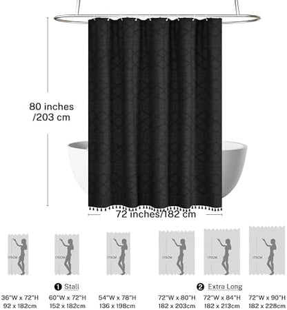 Extra Long Black Woven Fabric Boho Shower Curtain with Tassels 72 x 80 Modern Farmhouse Minimalist, Tufted Chevron Textured Striped Shabby Chic, Water Resistant Cloth Curtain for Bathroom, Hotel Decor
