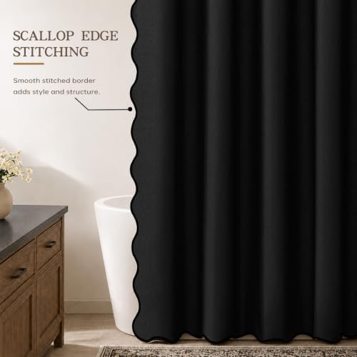 Furlinic No Hook Scalloped Linen Black Shower Curtain 72x78 Waterproof Tall