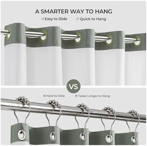 River Dream Linen Textured No Hooks Shower Curtain with Liner,Green,71x74