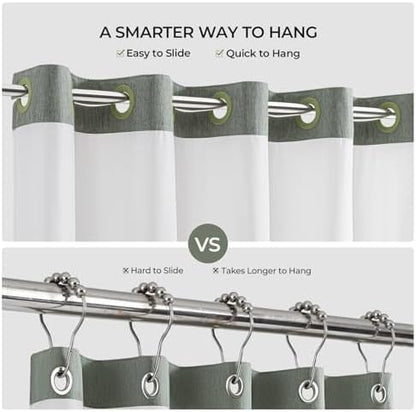 River Dream Linen Textured No Hooks Shower Curtain with Liner,Green,71x74