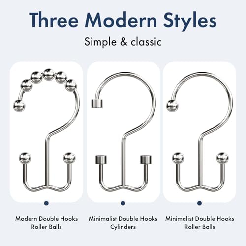 Bathway Shower Curtain Hooks Nickel Shower Curtain Rings, 12 Pcs Metal Double Hooks Rings Rust Proof for Bathroom Shower Curtain Rod