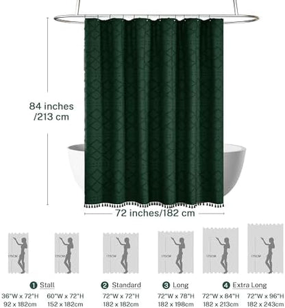 Siiluminisoy Extra Long Dark Green Boho Woven Fabric Cute 84 Inch Shower Curtain, 72 x 84 Tufted Chevron Textured Striped Modern Farmhouse Minimalist Cloth Shower Curtain for Bathroom