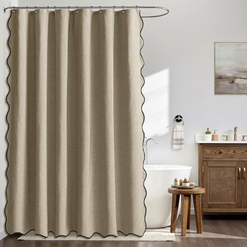 MIULEE Khaki Scalloped Linen Shower Curtain 72x72 Inches