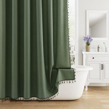 Nanspring Olive Green Boho Linen Shower Curtain for Bathroom Luxury Fancy Modern Rustic Fabric Shower Curtain Set with Hooks Farmhouse Hotel Style Bath Accessories Decor Water Repellent 72x72