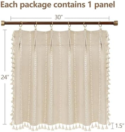 Seenus Beige Boho Farmhouse Window Curtain with Tassels, 30 x 24 Inch Light Filtering Sheer Short Cafe Window Curtain Tier, Linen Textured Pleated Small Window Drape for Kitchen or Bathroom, 1 Panel