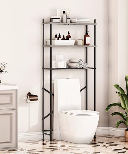 HOOBRO Over the Toilet Storage, 3-Tier Over Toilet Bathroom Organizer, Freestanding Above Toilet Shelf with Adjustable Feet, Space Saving, Easy Assembly, Greige and Black BG63TS01