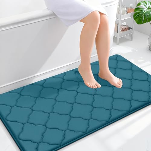 OLANLY Memory Foam Bath Mat Rug 44x24, Soft Bathroom Rugs, Peacock Blue