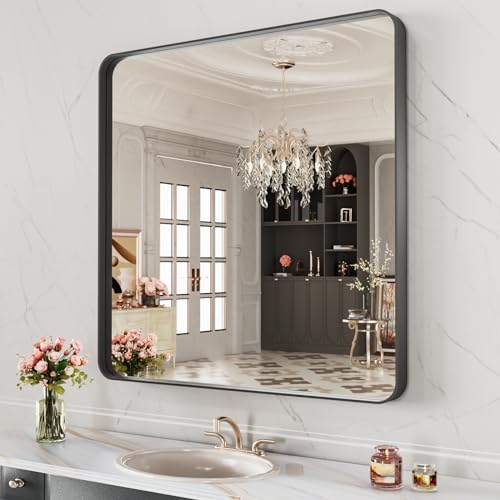 LOAAO 32X32 Inch Black Metal Framed Bathroom Mirror for Wall
