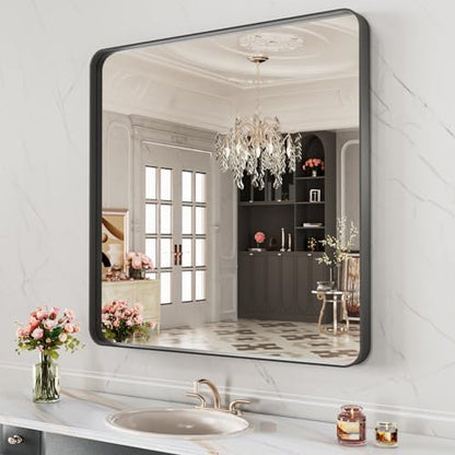 LOAAO 32X32 Inch Black Metal Framed Bathroom Mirror for Wall