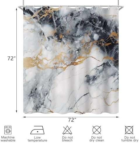 Abstract Marble Shower Curtain Modern Charcoal Luxury Gold Ink Texture Gray Ombre Watercolor Bathroom Curtain Set with Hooks Soft and Lightweight Waterproof Fabric Machine Washable 48" Wx72 L