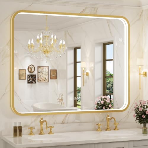 43X36 Inch Gold Framed LED Lighted Bathroom Mirror