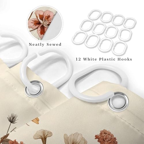 Vintage Boho Beige Floral Shower Curtain, Brown Cream Tan Rustic Farmhouse Flower Shower Curtain Set, Cute Botanical Wlidflowers Fabric Shower Curtains Decoration, 60X72 Aesthetic Bathroom Accessories