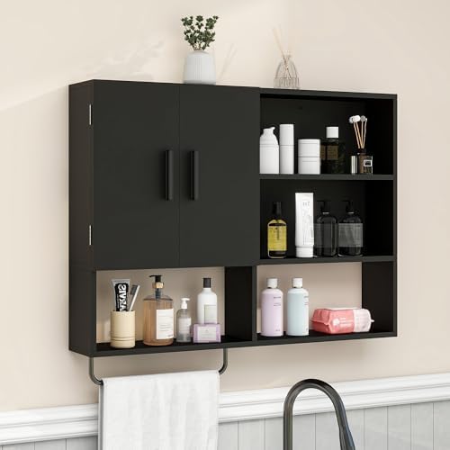 Bathroom Wall Cabinet, Medicine Cabinet with 2 Doors, Black