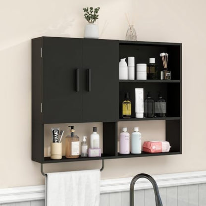 Bathroom Wall Cabinet, Medicine Cabinet with 2 Doors, Black