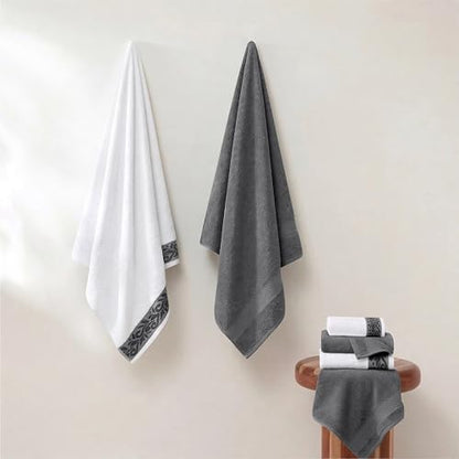 Modern Threads 6 Piece Bath Towel Set – Bathroom Towel Set with 2 Bath Towels, 2 Hand Towels & 2 Washcloths – 100% Cotton, Soft & Absorbent – Jacquard Border (Gray)