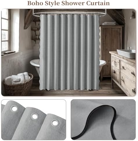 BTTN 108x72 Boho Scalloped Linen Textured Cloth Shower Curtain, Grey/Gray