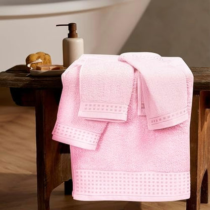 GLAMBURG Ultra Soft 3 Pack Cotton Towel Set, Contains a Bath Towel 28x55 inch, a Hand Towel 16x24 inch & a Wash Coth 12x12 inch, Ideal Everyday use, Compact & Lightweight - Pink