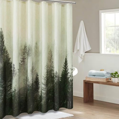 ORTIGIA Green Misty Forest Linen Shower Curtain Nature Mountain Tree Woodland Shower Curtain Set for Bathroom Heavy Blend Fabric Curtains with 10 Metal Hooks 60x72 Inch