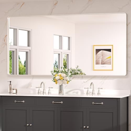 Keonjinn 72 x 36 Inch Brushed Nickel Bathroom Vanity Mirror, Tempered Glass