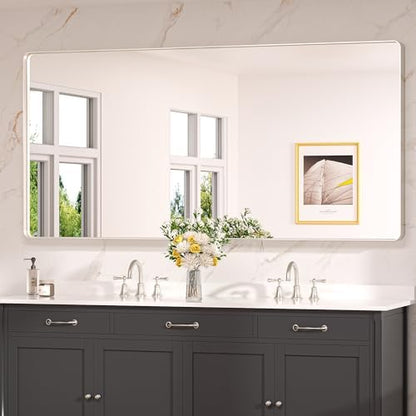 Keonjinn 72 x 36 Inch Brushed Nickel Bathroom Vanity Mirror, Tempered Glass