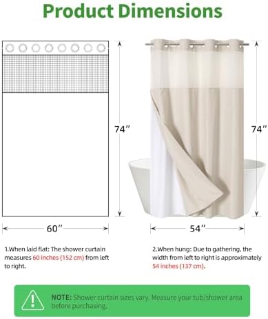 eachope No Hook Linen Texture Shower Curtain with Snap-in Liner,60x74 Cream